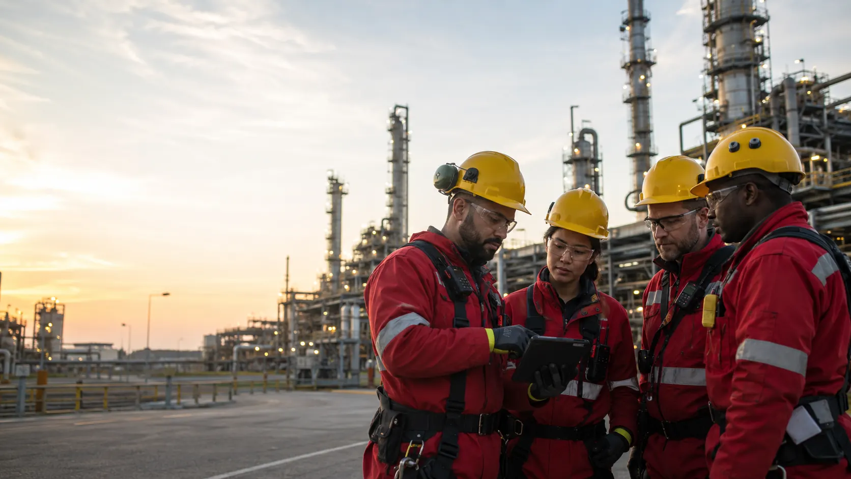 Equipo Action Rescue en operación industrial al atardecer